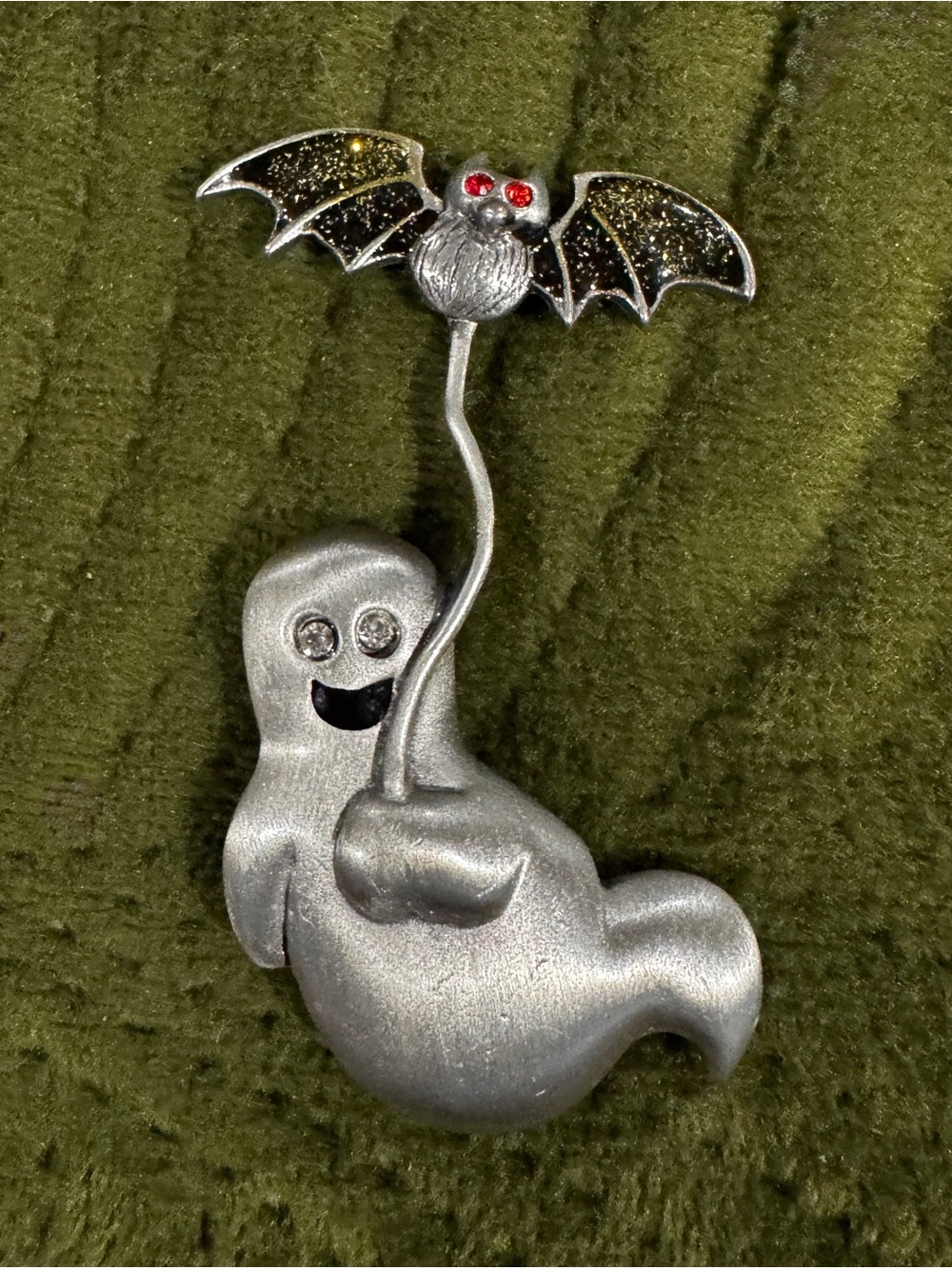 Vintage Pewter Ghost w/ Bat Halloween Brooch signed AS